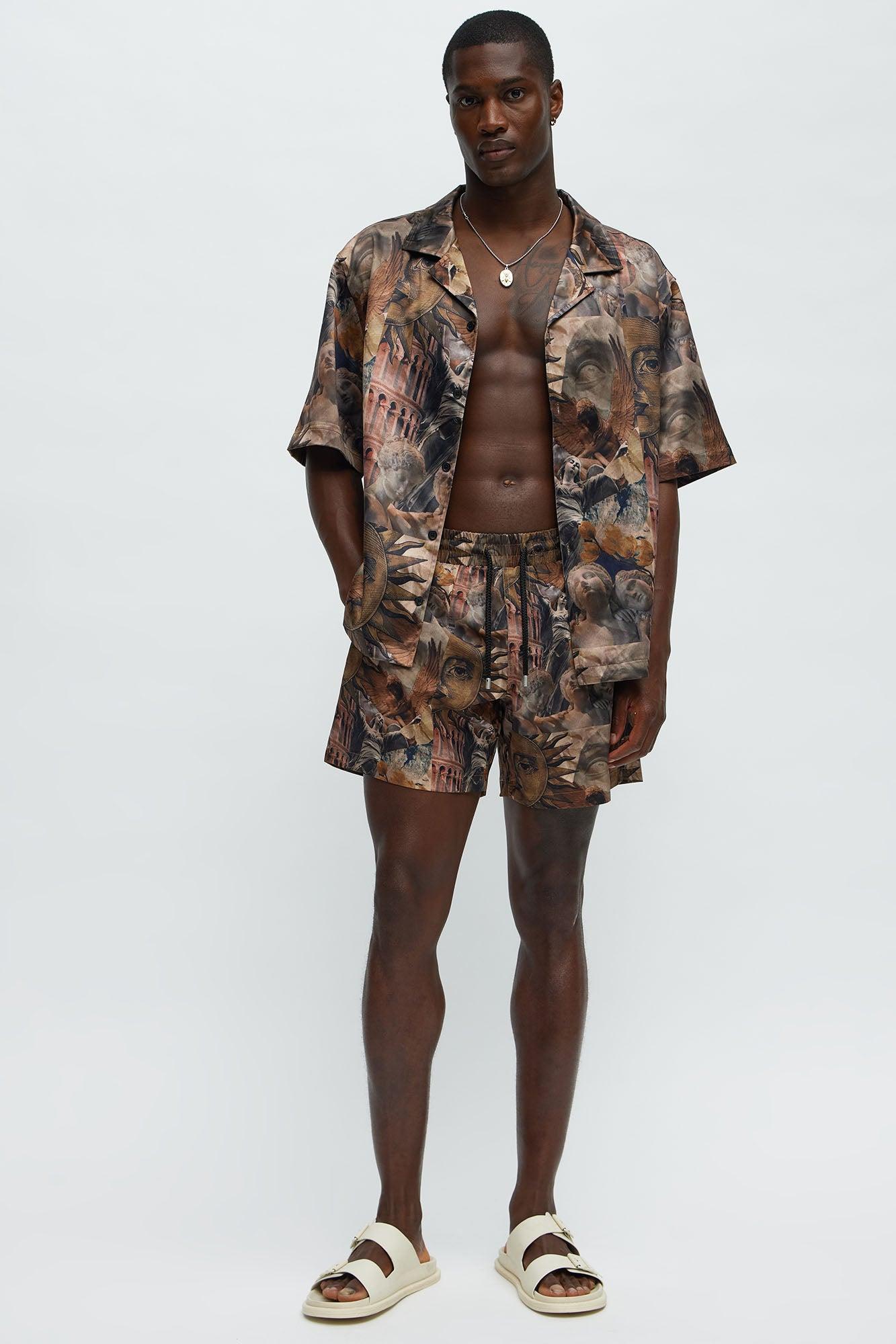 Celestial Glory Cuban Collar Short Sleeve Shirt - Brown Combo Male Product Image