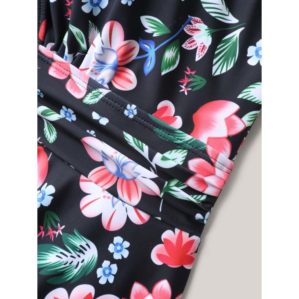 Plus Size Floral Print Surplice Neck Swim Dress Women's Swimwear Black Resort Bodycon Overlap Collar High stretch Curve Swim Dresses BloomChic 14-16/1X Product Image