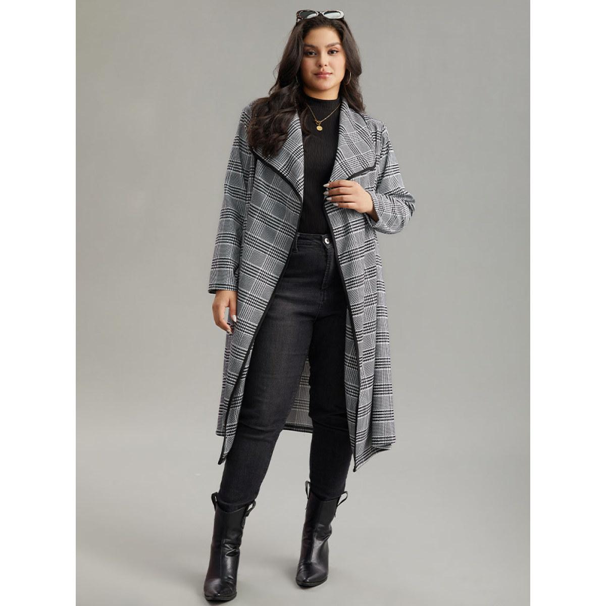 Plus Size Plaid Asymmetrical Neck Open Front Coat Women Black At the Office Contrast Ladies Work Winter Coats BloomChic 22-24/3X Product Image