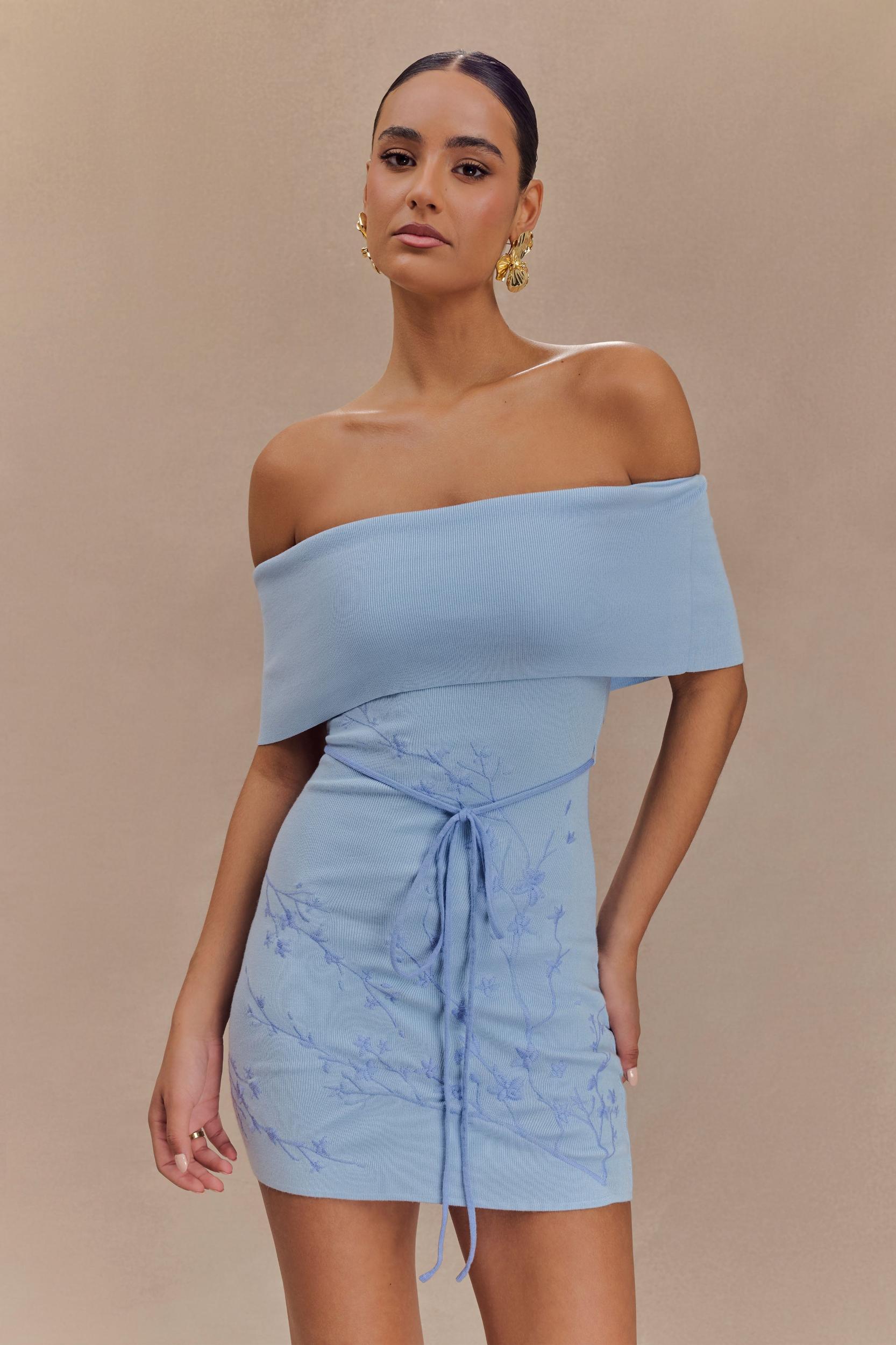 Mallory Off Shoulder Embroidered Knit Mini Dress - Ice Blue Product Image