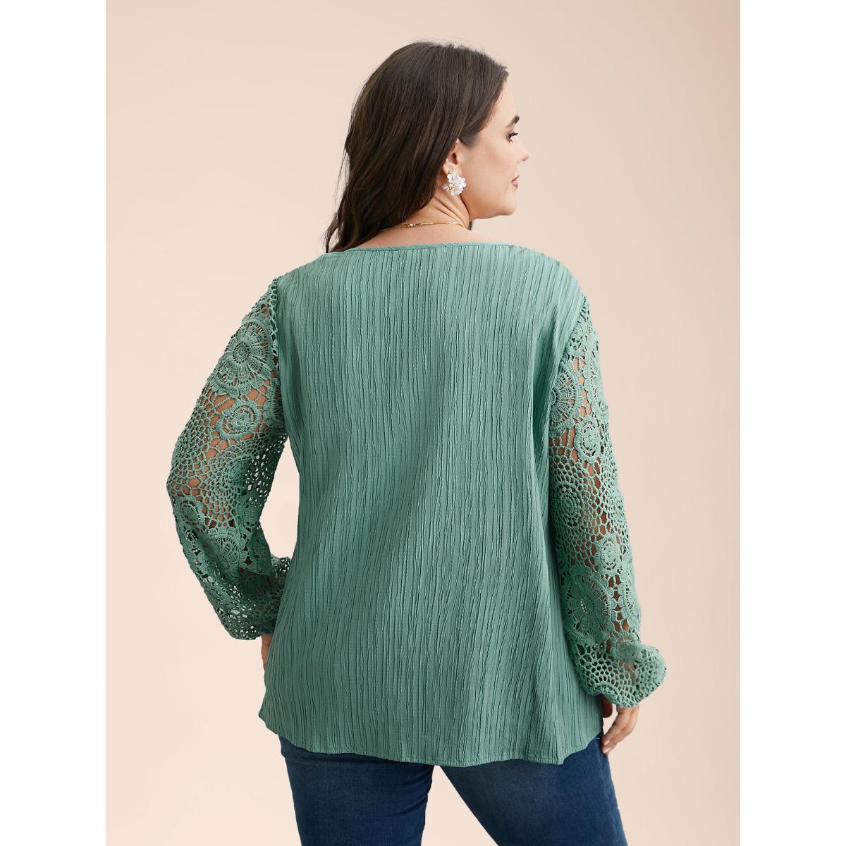 Plus Size Greenbean Scalloped Lace Textured Sheer Sleeve Blouse Women Timeless Extra Long Sleeve V-neck Elegant Blouses BloomChic 22-24/3X Product Image