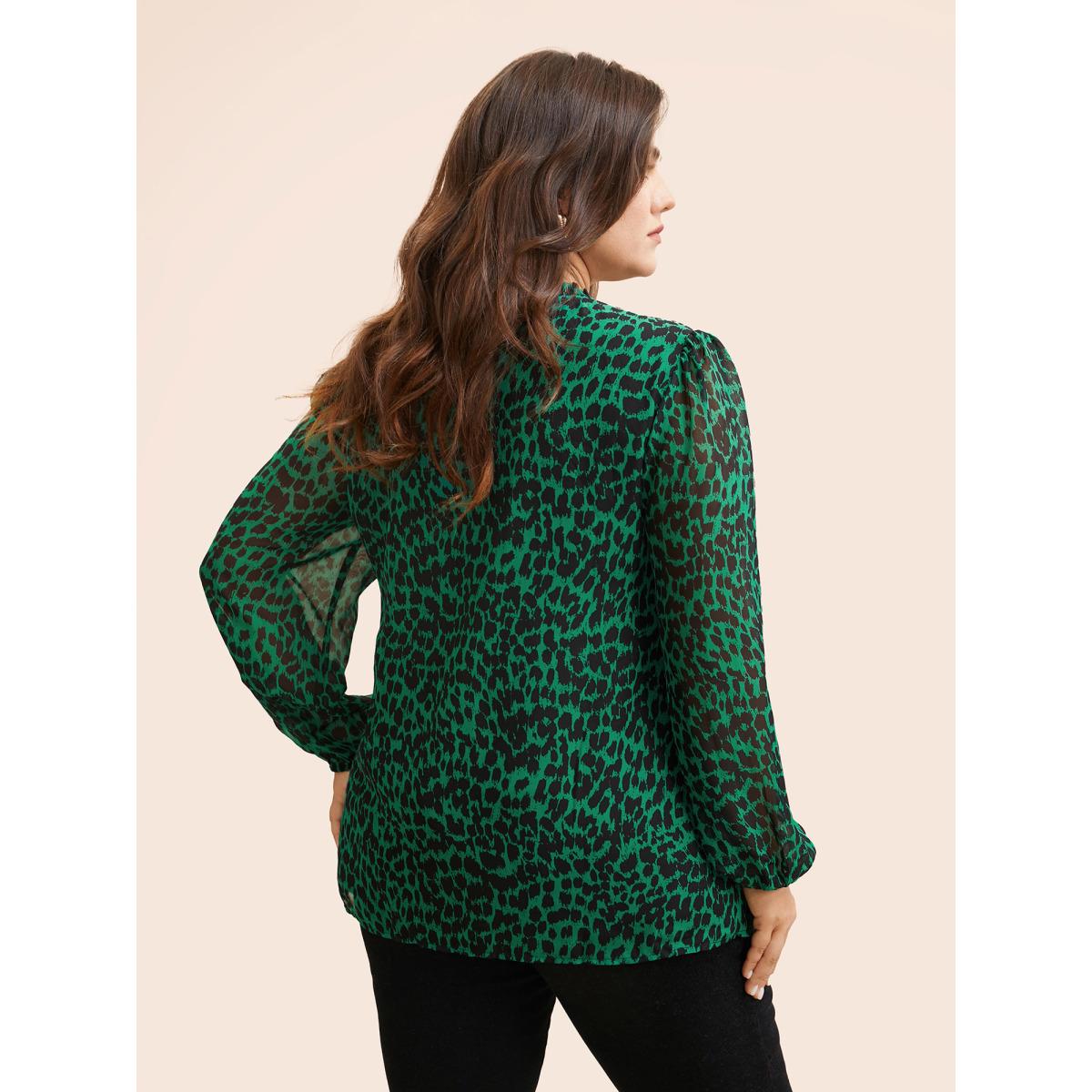 Plus Size DarkGreen Leopard Print Tie Knot Lantern Sleeve Blouse Women Romantic Long Sleeve V-neck Elegant Blouses BloomChic 30/6X Product Image