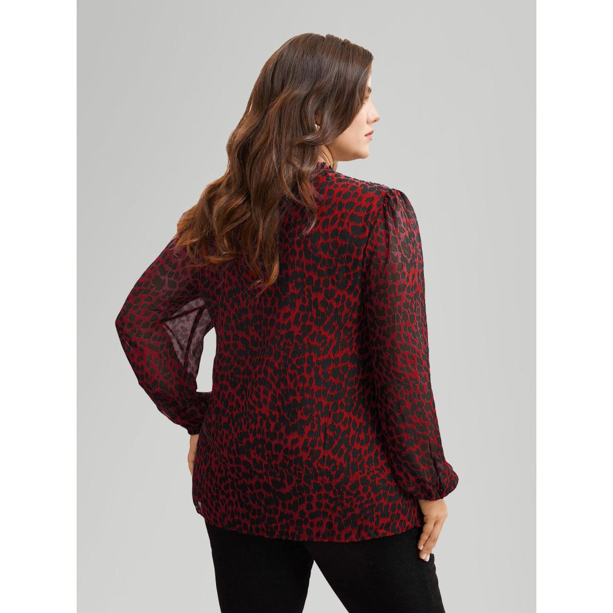 Plus Size Crimson Leopard Print Tie Knot Lantern Sleeve Blouse Women Romantic Long Sleeve V-neck Elegant Blouses BloomChic 14-16/1X Product Image
