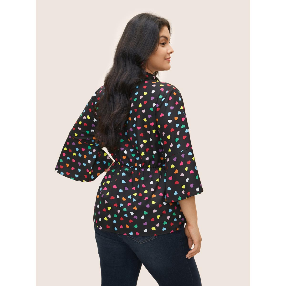 Plus Size Black Colour Heart Print Bell Sleeve Blouse Women Elegant Elbow-length sleeve Shirt collar Everyday Blouses BloomChic 18-20/2X Product Image