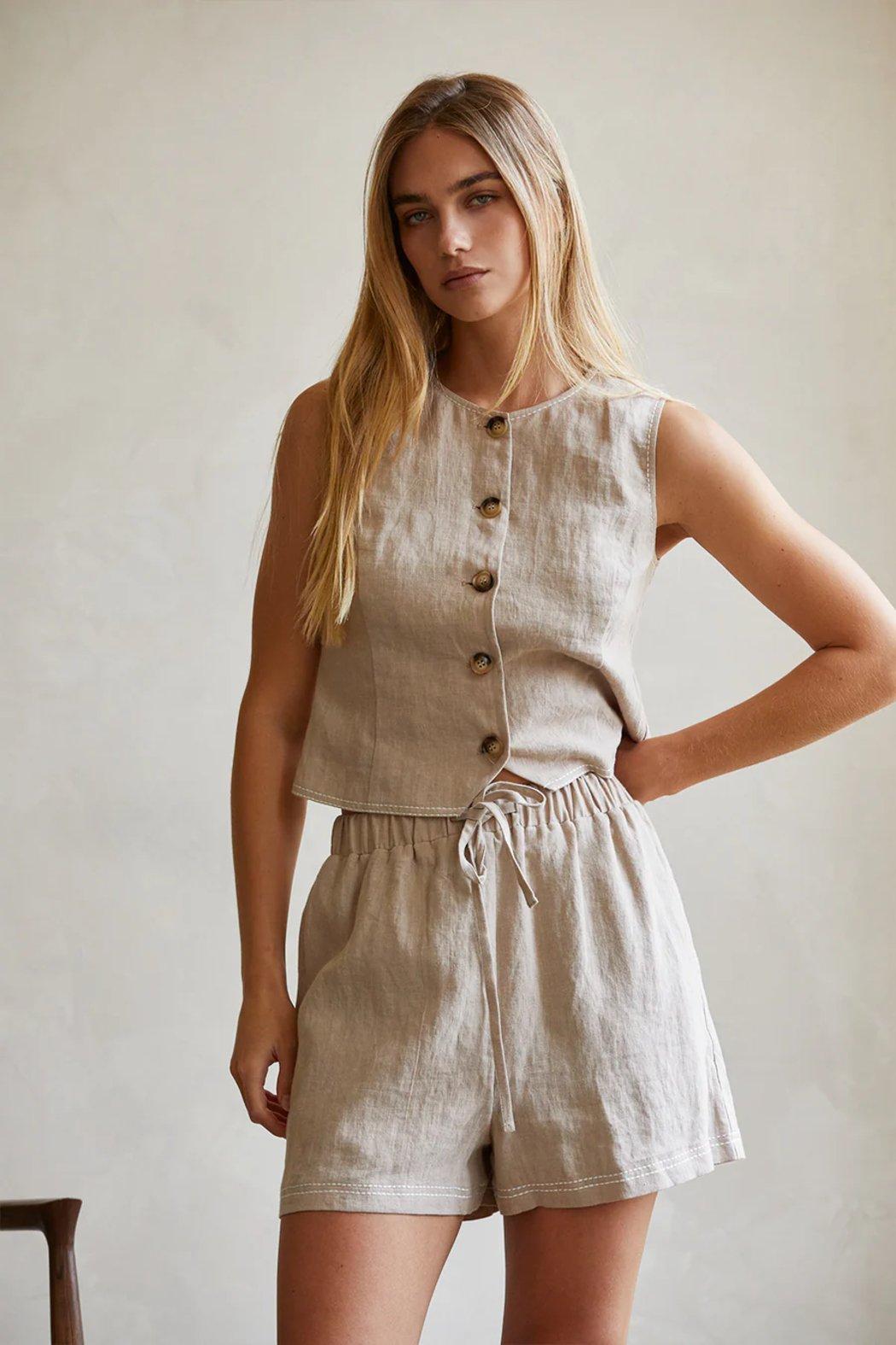 Donnie Contrast Stitch Linen Shorts Product Image