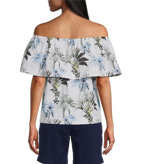 Tommy Bahama Palisade Tropical Palm Poplin Plain Weave Off-The-Shoulder Ruffle Top Product Image