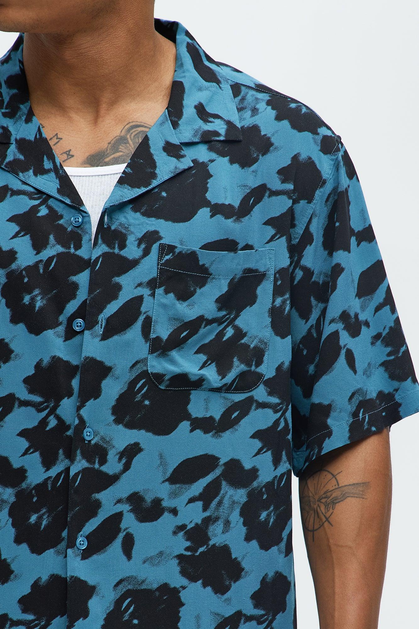 Blue Flowers Cuban Collar Shirt - Blue Product Image