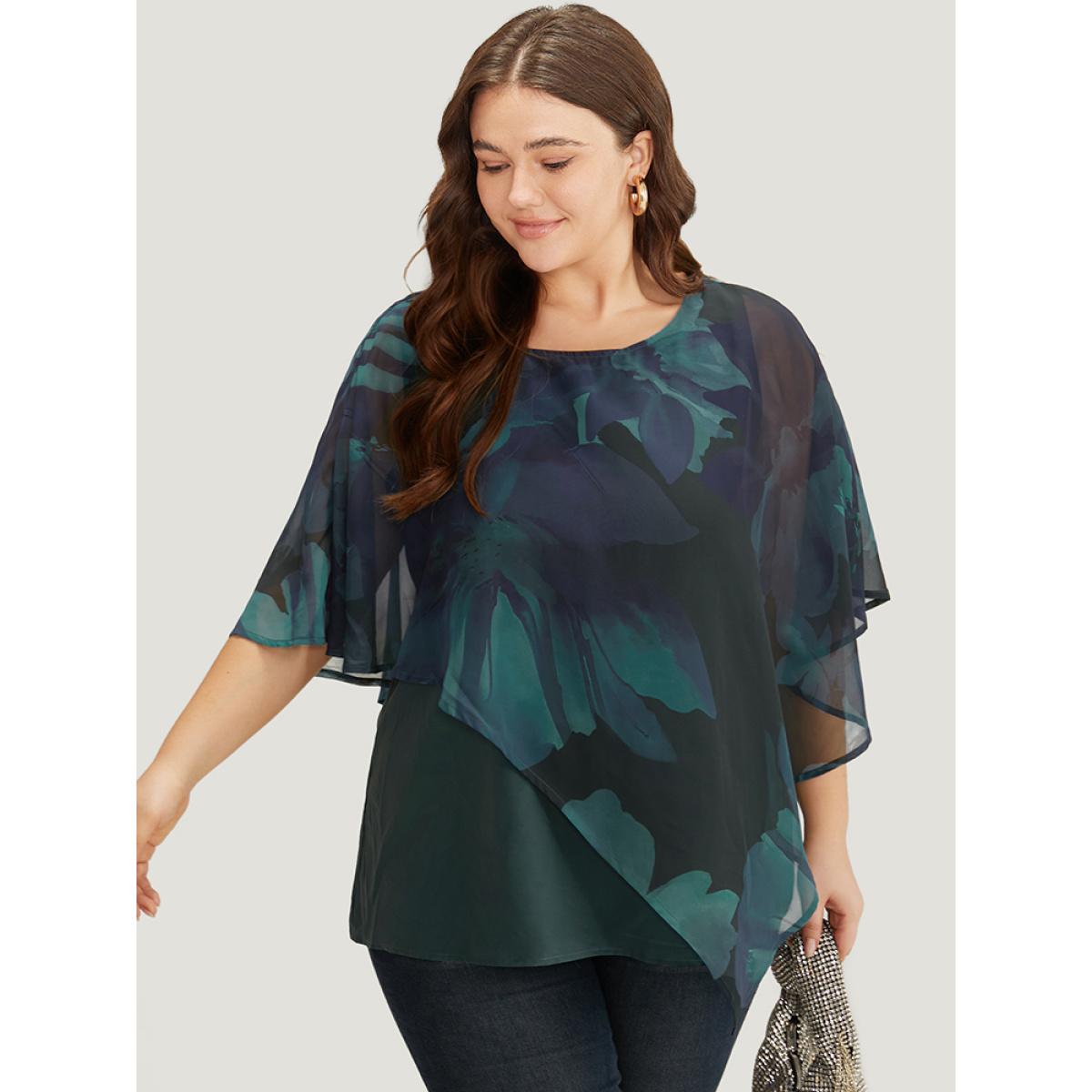 Plus Size Aegean Floral Mesh Asymmetrical Dolman Sleeve Blouse Women Glamour Short sleeve Round Neck Going out Blouses BloomChic 12/L Product Image