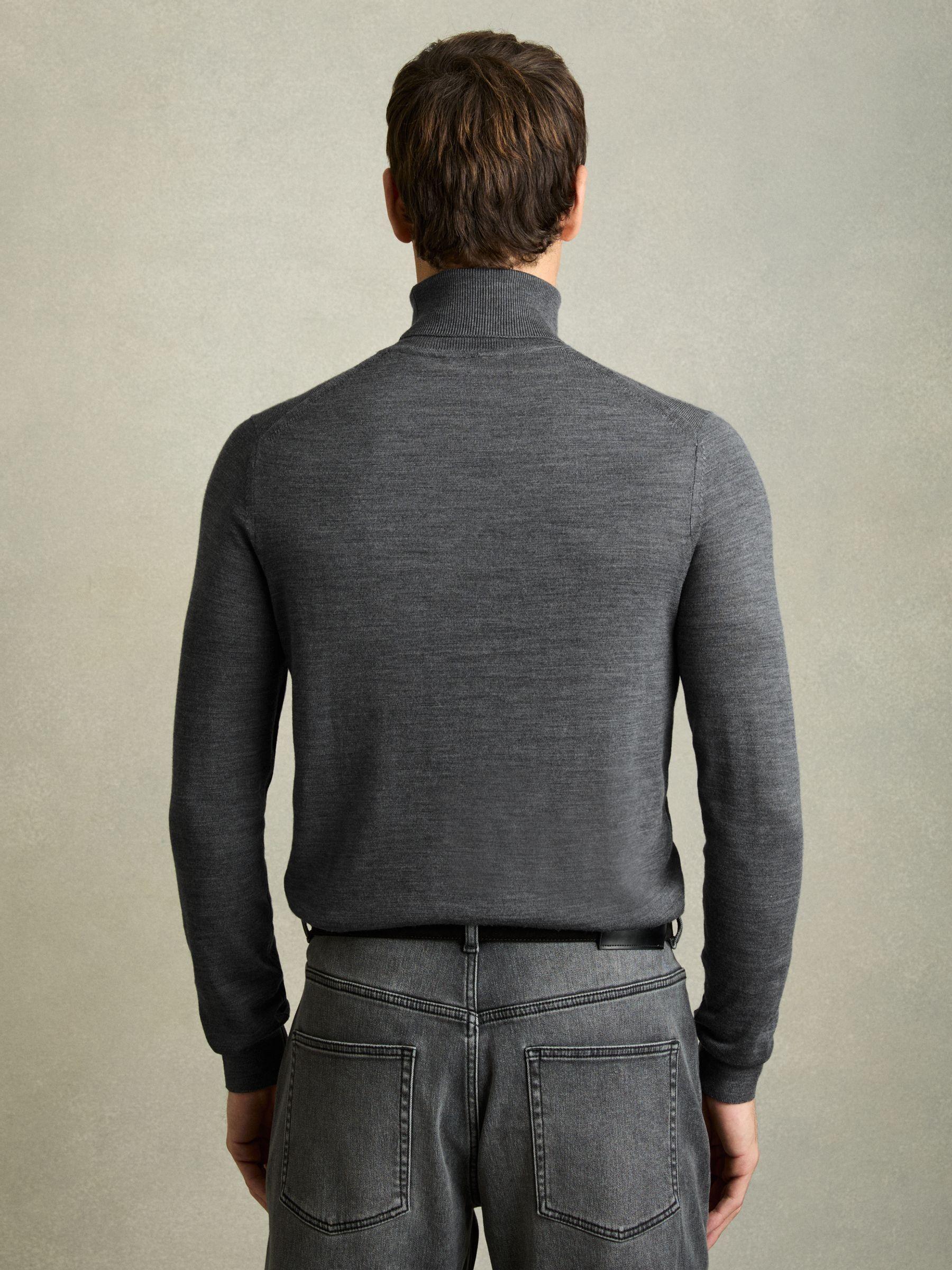 Slim Fit Merino Wool Roll Neck Jumper in Mid Grey Melange Product Image