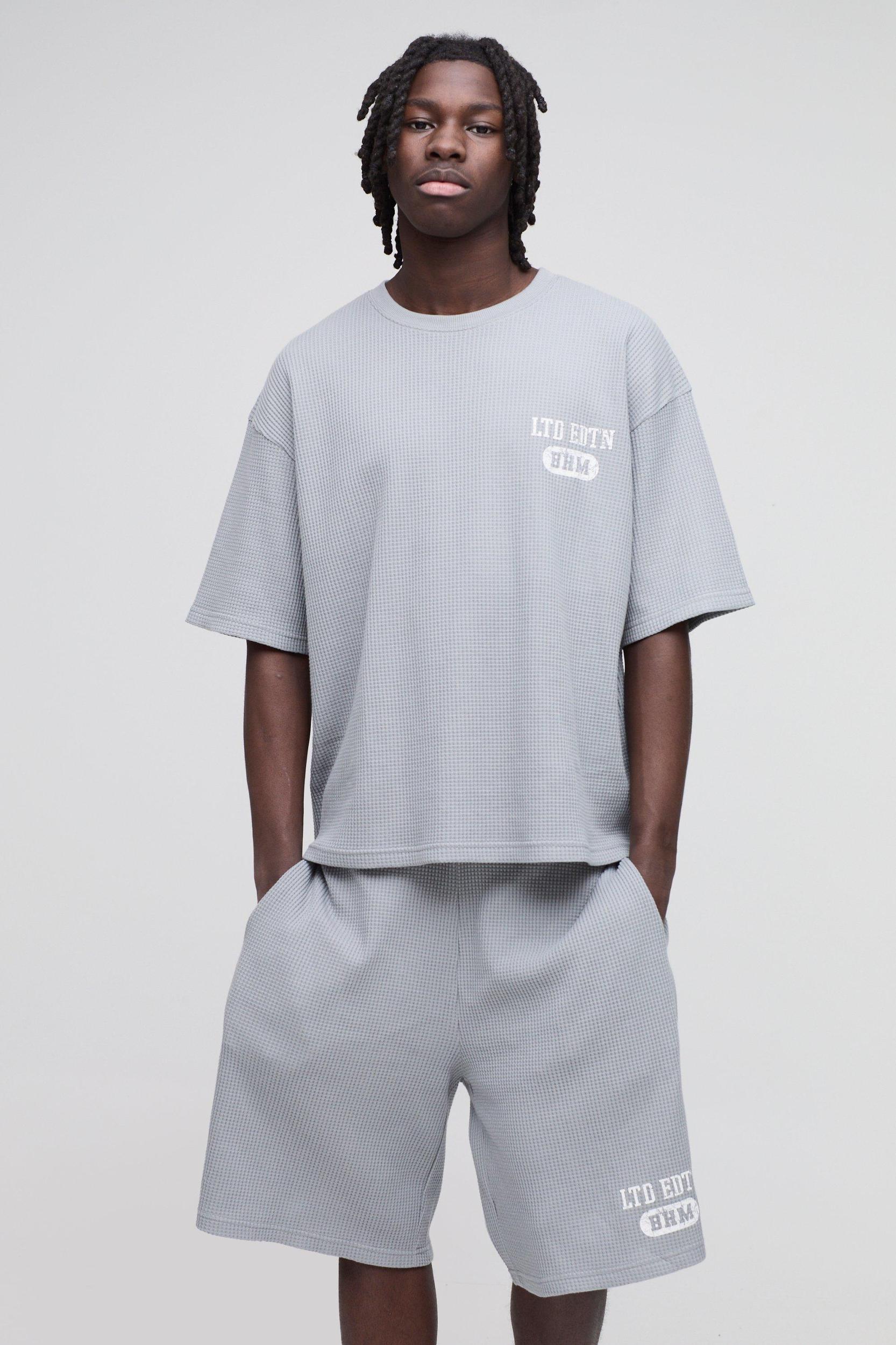 Oversized Boxy Waffle T-Shirt and Mid Length Short Tracksuit | boohooMAN USA Product Image