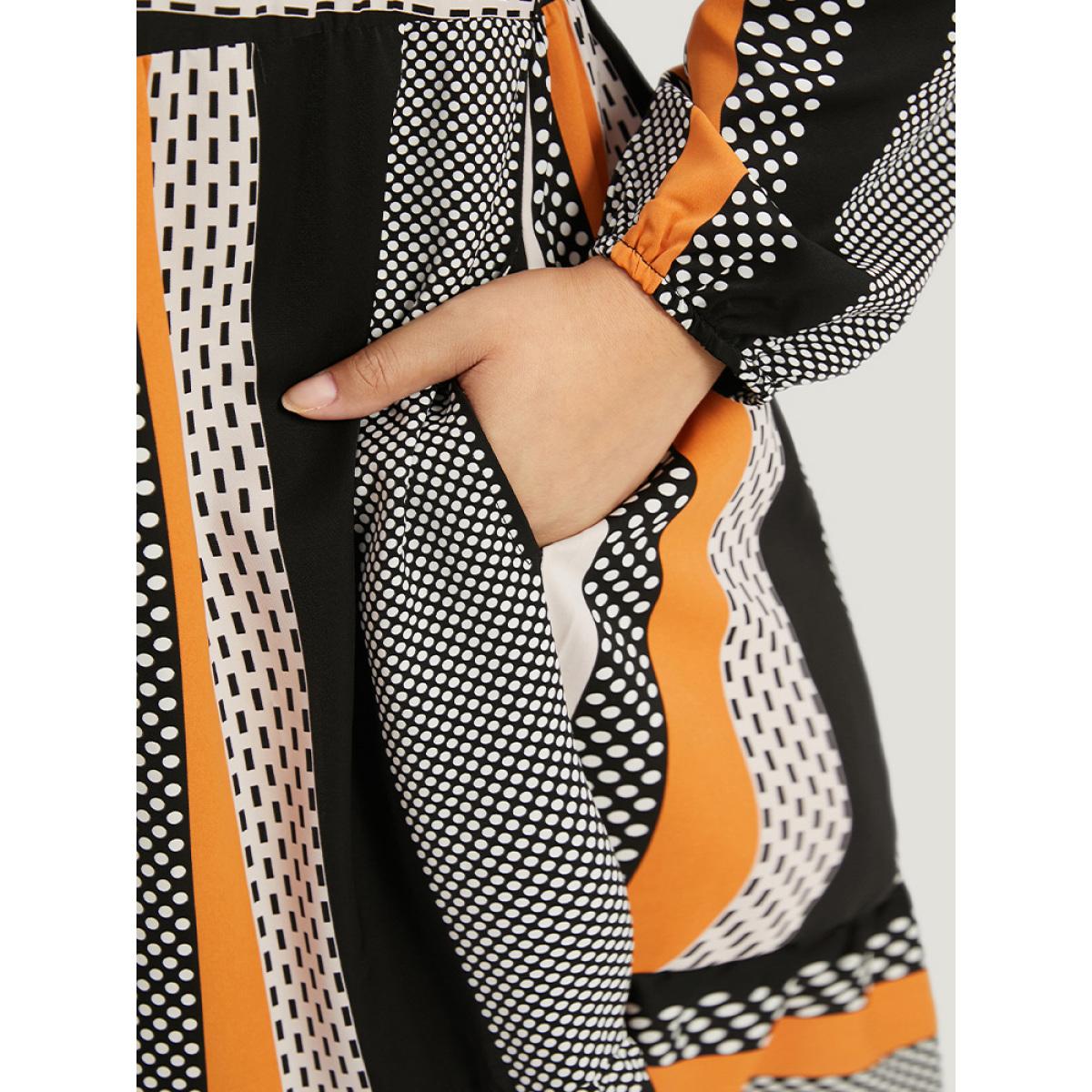 Plus Size Polka Dot & Striped Print Notched Pocket Dress Orange Women Office Elastic cuffs Notched collar Long Sleeve Curvy Midi Dress BloomChic 30/6X Product Image