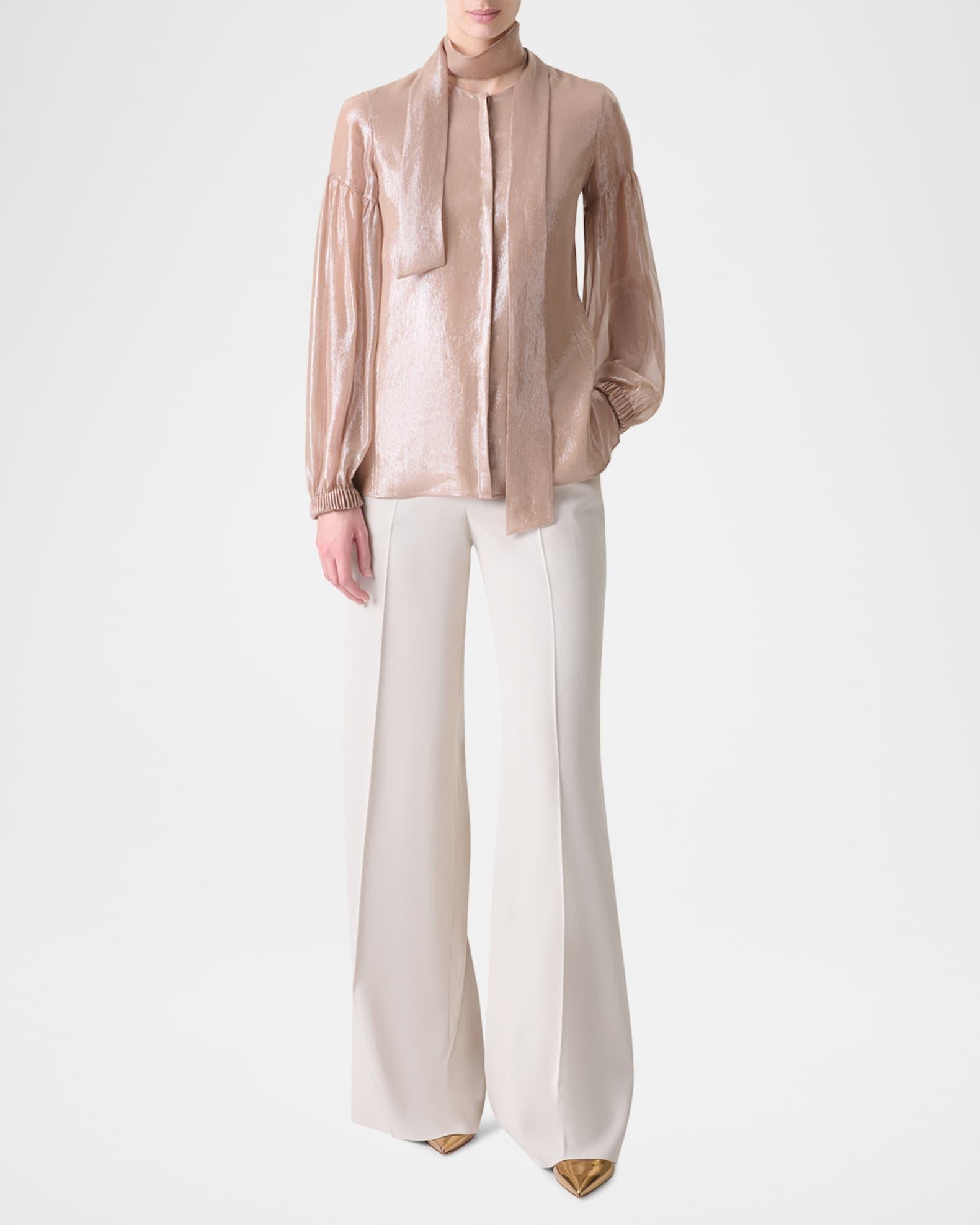 Metallic Silk Puff-Sleeve Neck-Scarf Blouse Product Image