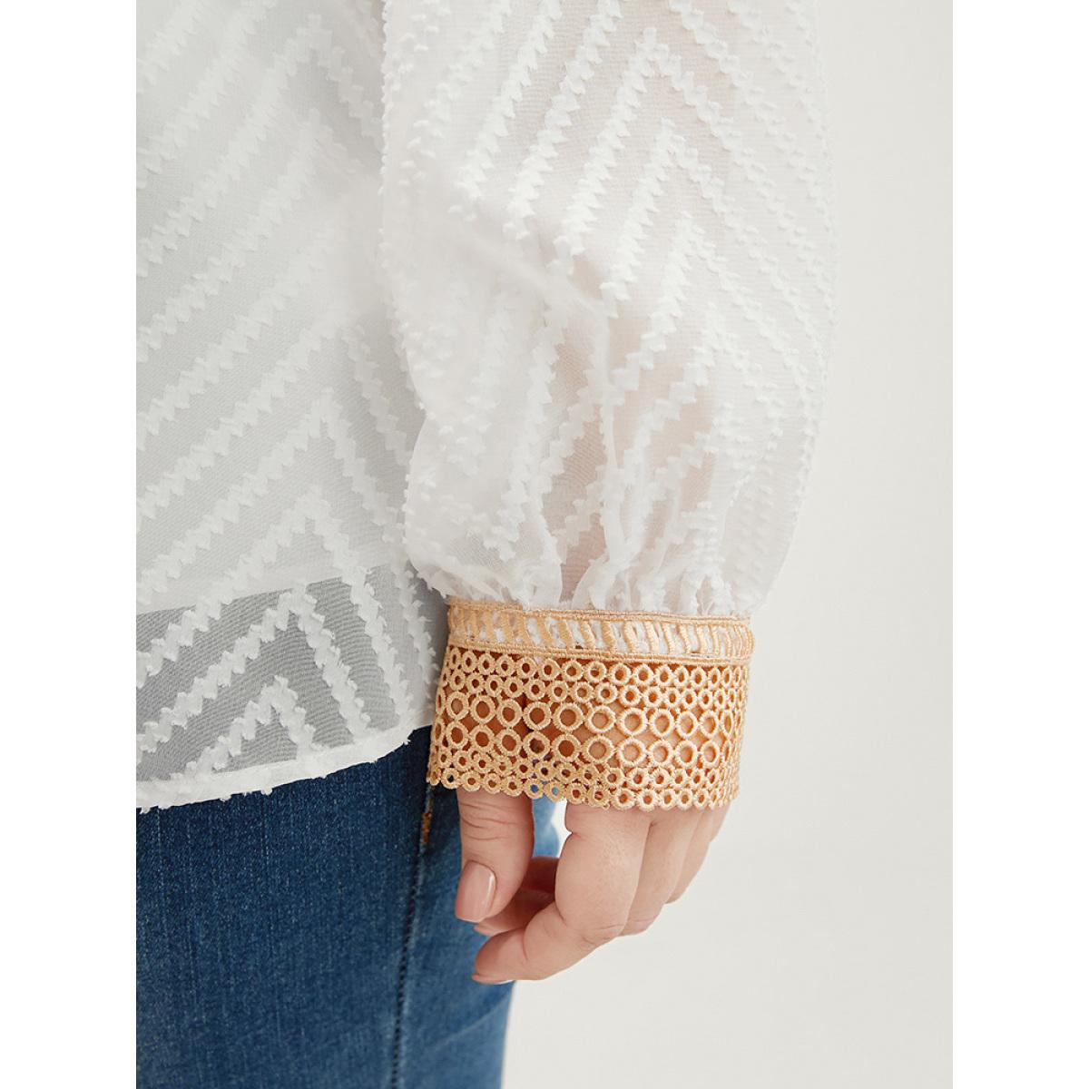 Plus Size Ivory Geometric Mesh Crochet Lace V Neck Blouse Women Elegant Long Sleeve V-neck Dailywear Blouses BloomChic 22-24/3X Product Image