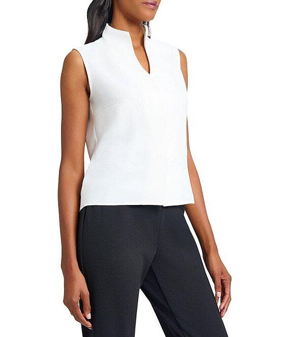 Ming Wang Crepe De Chine Mandarin V-Neck Sleeveless Button Front Tank Product Image