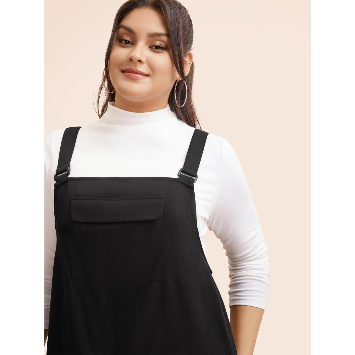 Plus Size Solid Flap Pocket Adjustable Straps Overall Dress Black Women Casual Non Non Sleeveless Curvy BloomChic 10/M Product Image