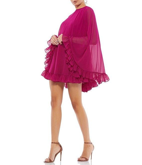 Mac Duggal Crew Neck Ruffle Hem Long Cape Sleeve Waistless Mini Dress Product Image