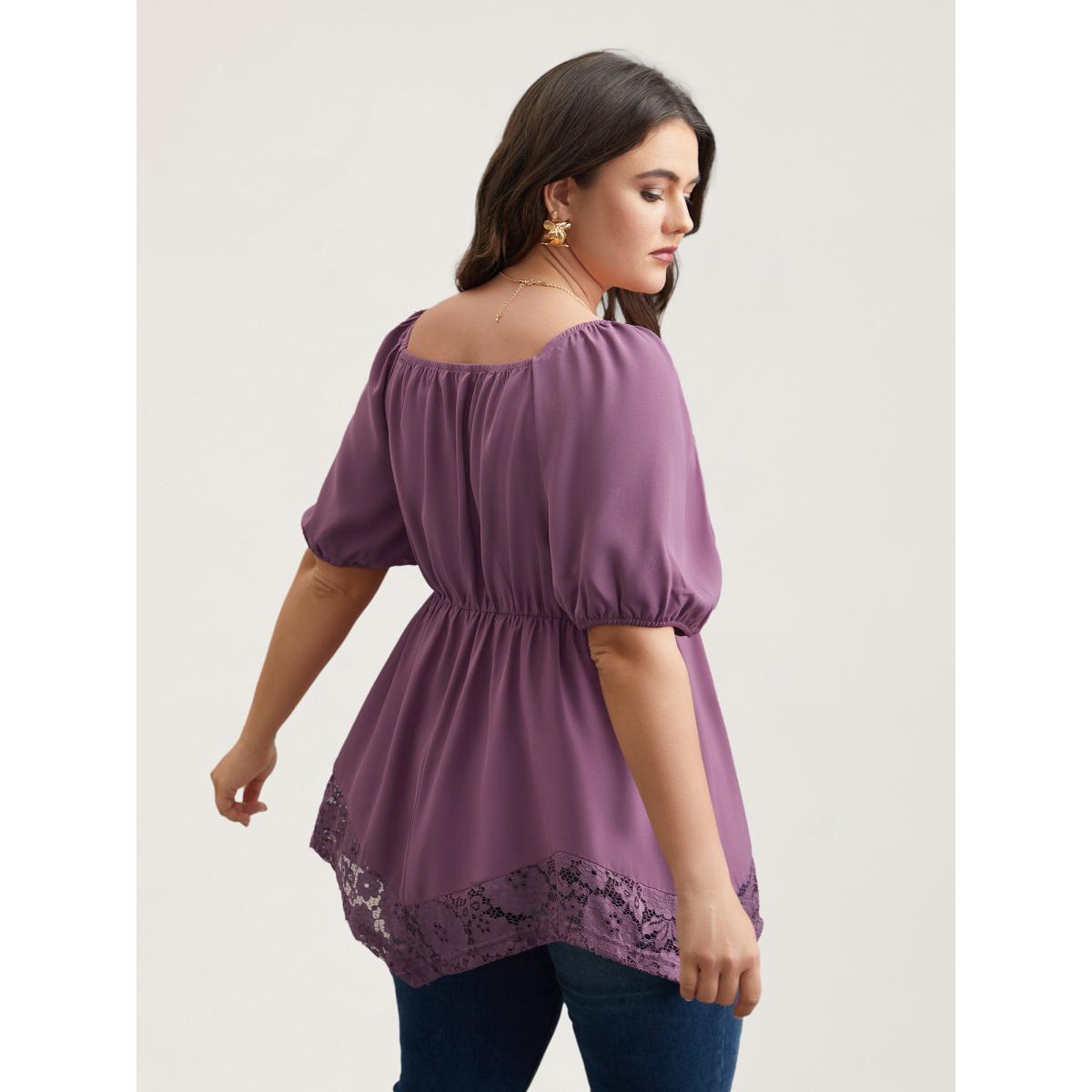 Plus Size Mauve Sweetheart Neck Lace High-Low Hem Shirt Women Romantic Half Sleeve Heart neckline Elegant Blouses BloomChic 14-16/1X Product Image