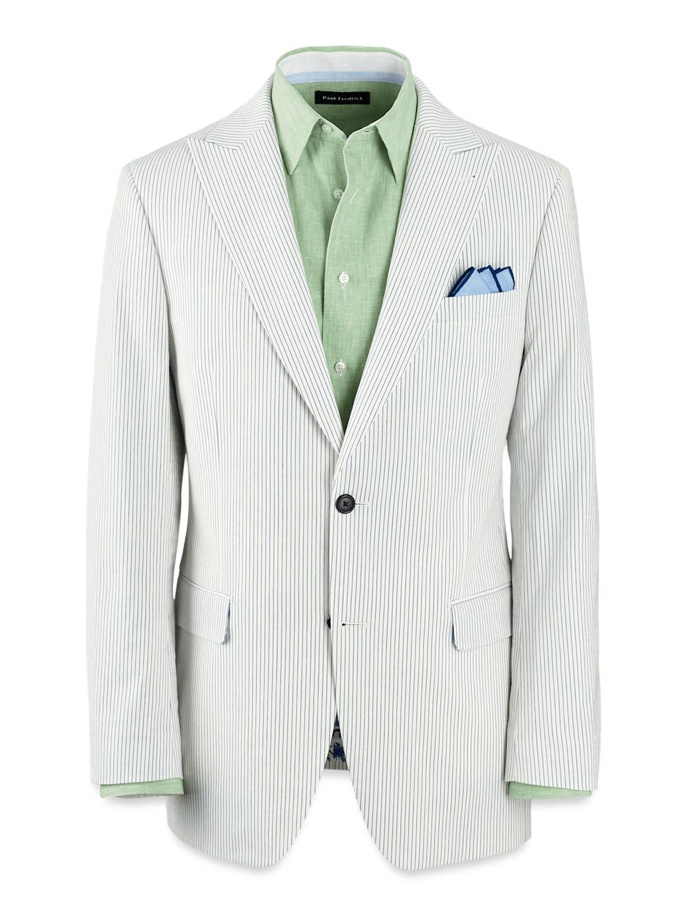 Cotton Stretch Stripe Seersucker Single Breasted Peak Lapel Suit Jacket - White/blue Product Image