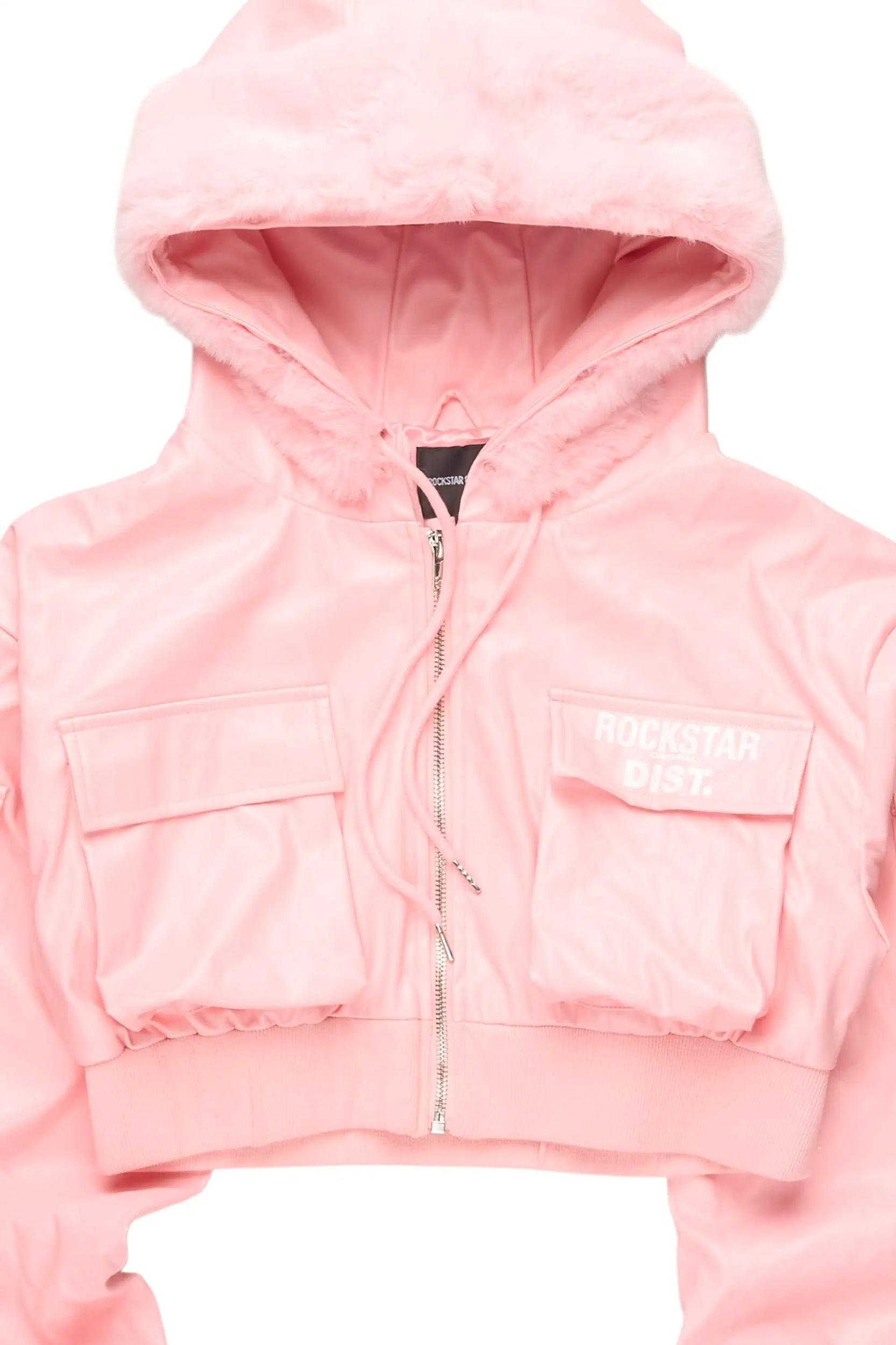 Amyia Pink PU Jacket With Fur Hood Female Product Image