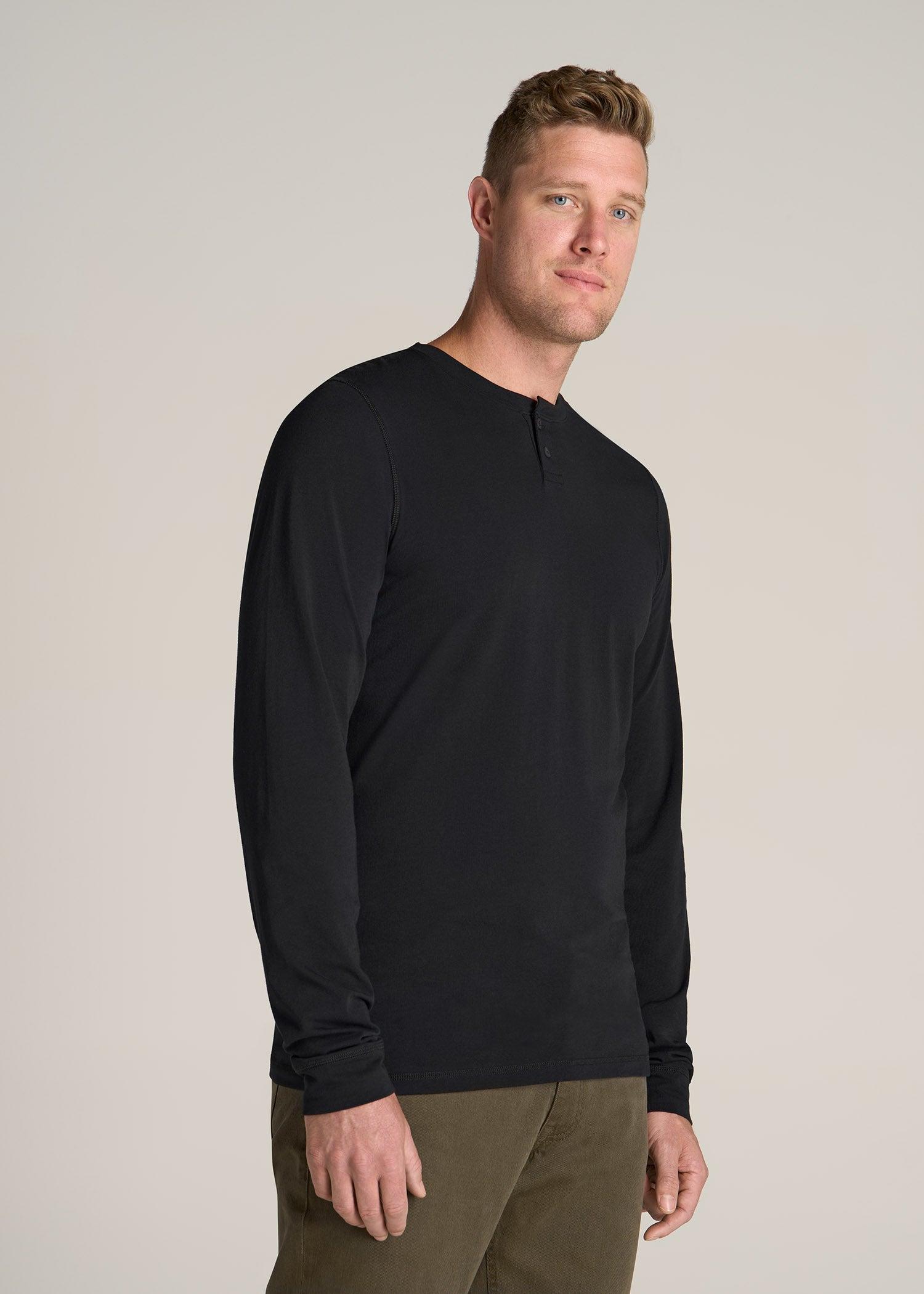 Pima Stretch Knit Henley Shirt for Tall Men in Black Male Product Image