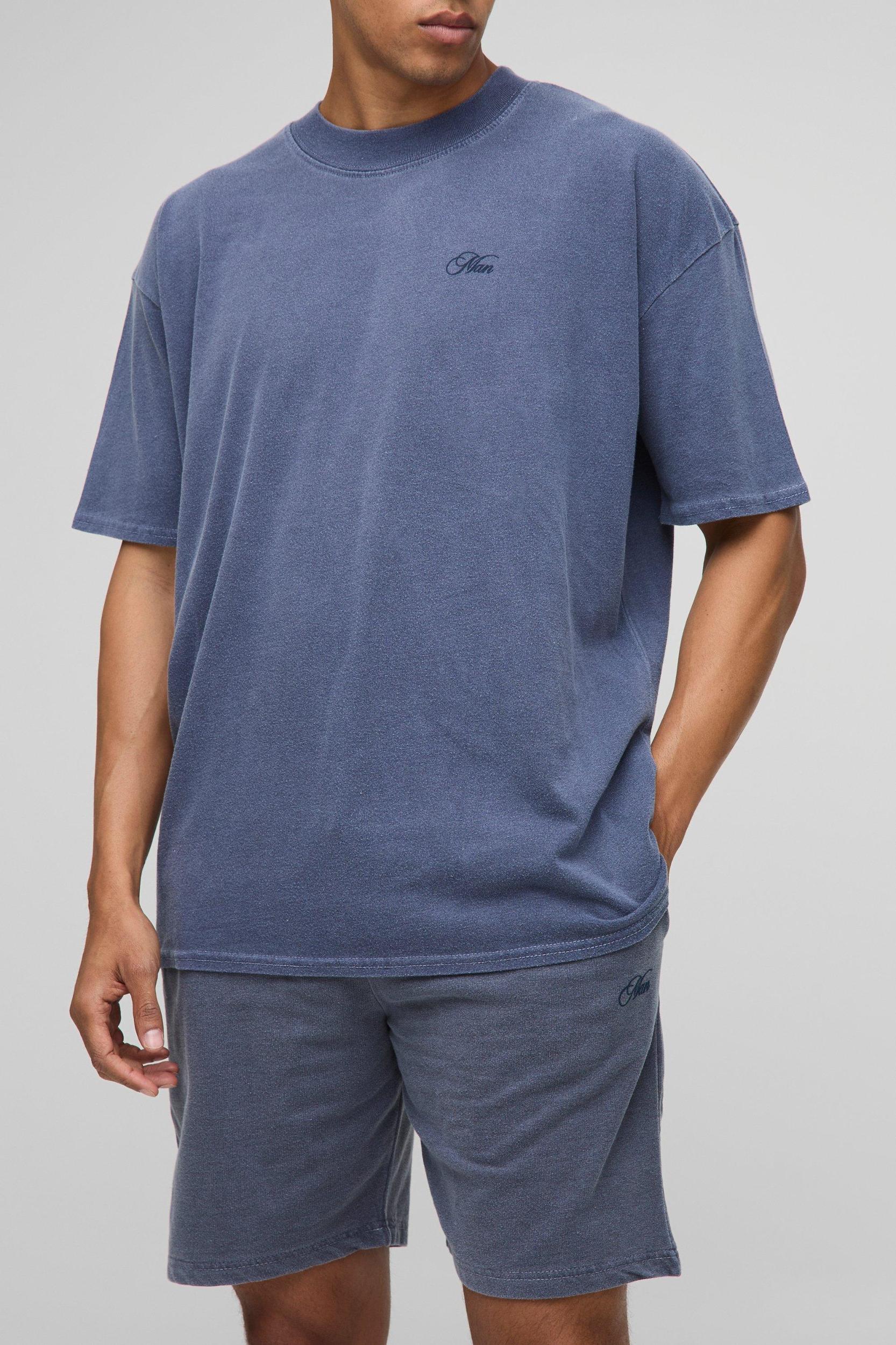 Oversized Man Script Washed T-Shirt And Short Set | boohooMAN USA Product Image