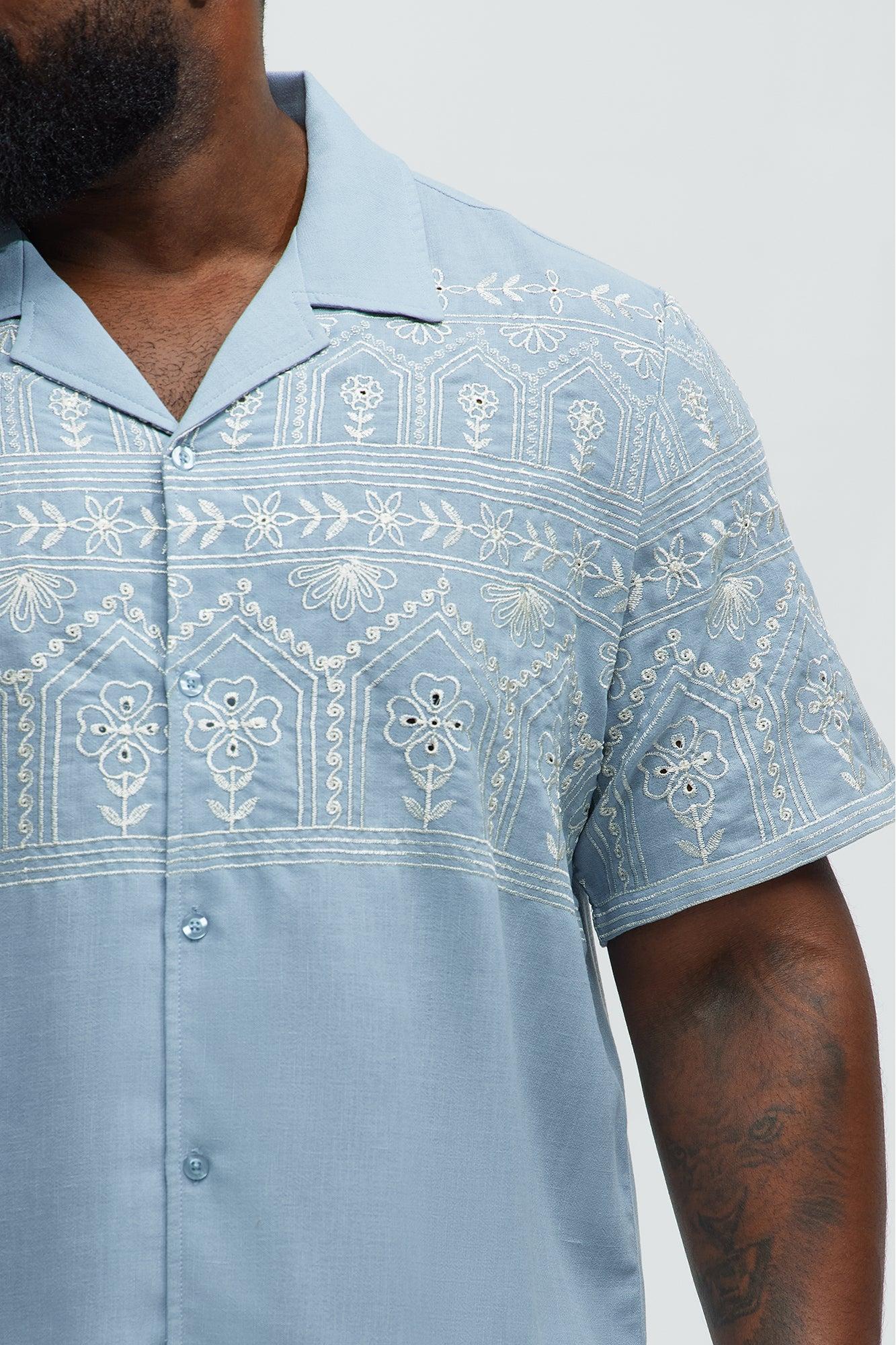 Embroidered Floral Cuban Collar Button Up Shirt - Blue/combo Product Image