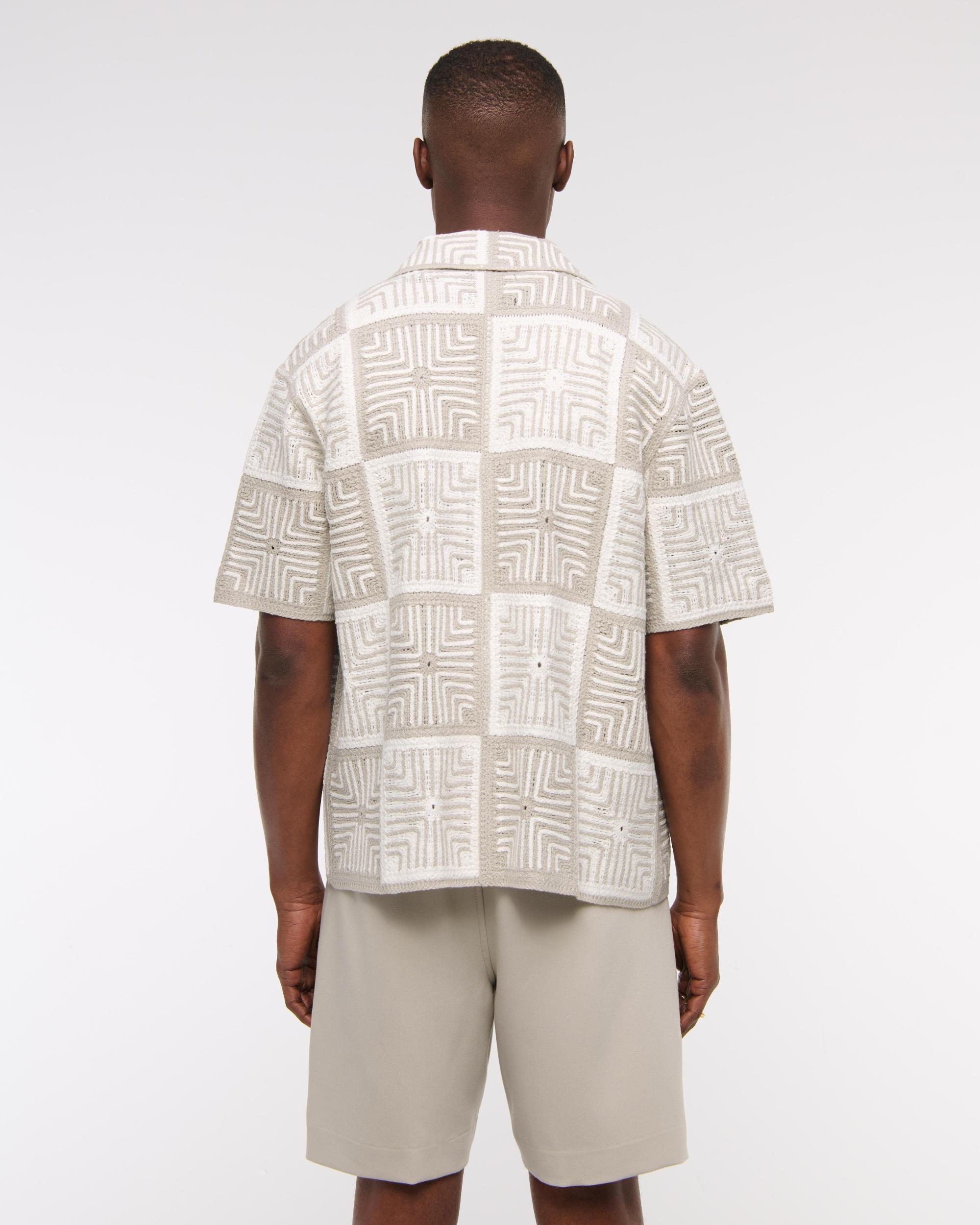 Crochet-Style Border Stripe Button-Through Sweater Polo Product Image