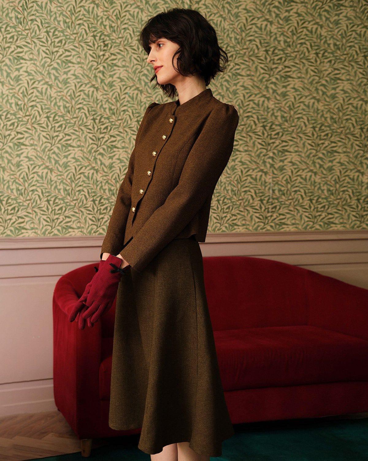 The Solid Retro Single-breasted Tweed Jacket Female Product Image