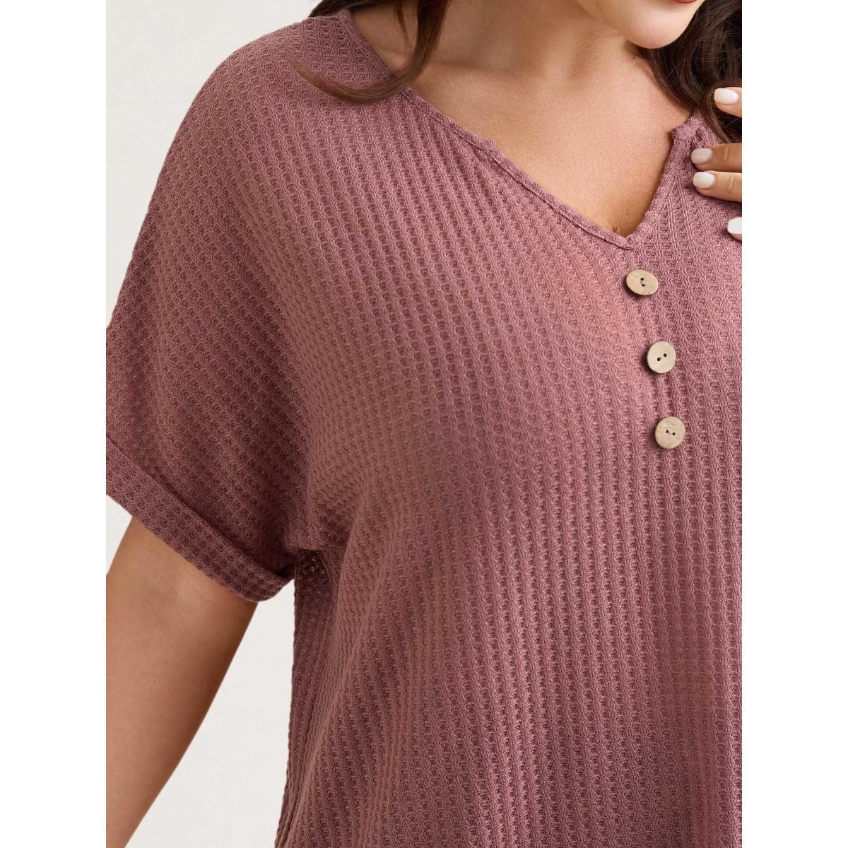 Plus Size Waffle Knit Stretchy Button Split Neck T-Shirt DustyPink Women Leisure Texture Flat collar with V-notch Casual T-shirts BloomChic 30/6X Product Image