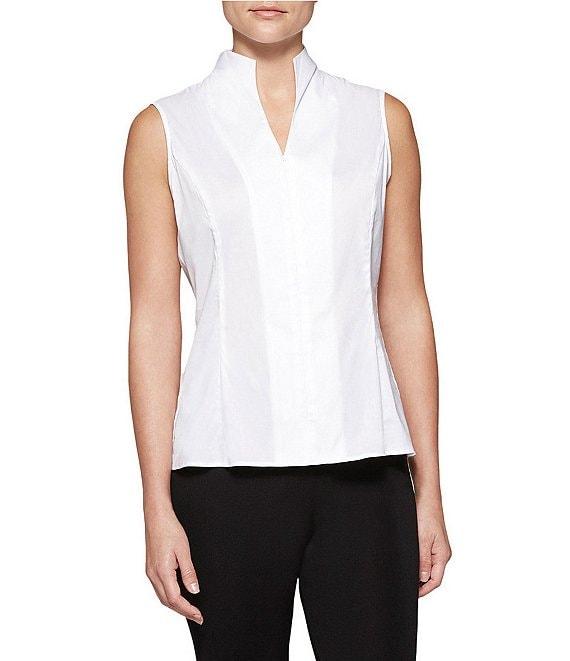 Ming Wang Mandarin Collar Sleeveless Zipper Front Cotton Blend Washable Blouse Product Image