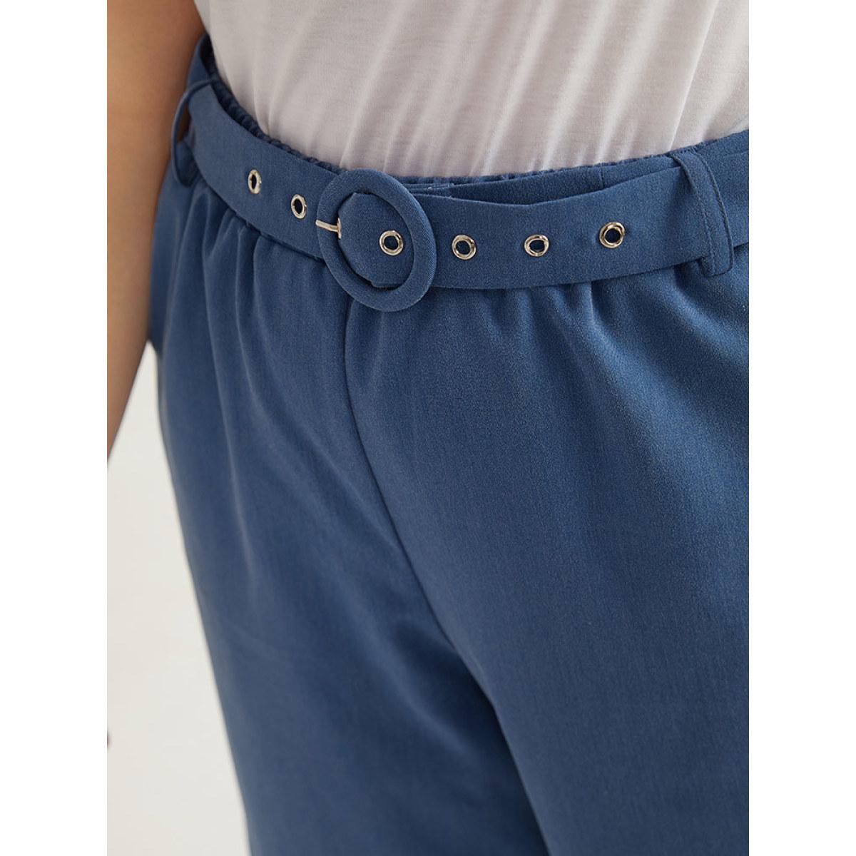Plus Size Plain Belted Buckle Detail Cropped Pants Women DarkBlue Casual Straight Leg High Rise Dailywear Pants BloomChic 12/L Product Image