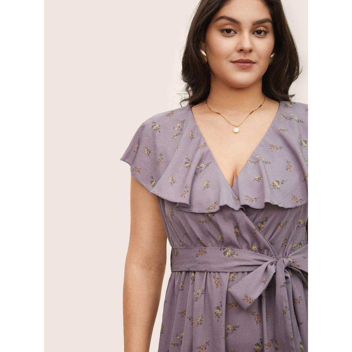Plus Size Ditsy Floral Wrap Ruffle Cap Sleeve Split Hem Dress Mauve Women Elegant Non Overlap Collar Cap Sleeve Curvy Midi Dress BloomChic 28/5X Product Image