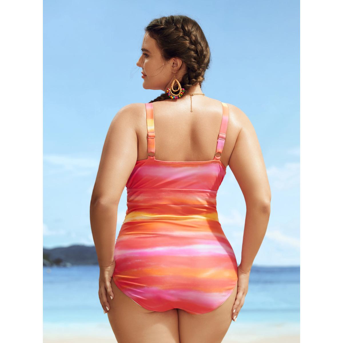 Plus Size Ombre Wrap Ruffle Trim One Piece Swimsuit Women's Swimwear Multicolor Beach Gathered Curve Bathing Suits High stretch One Pieces BloomChic 22-24/3X Product Image