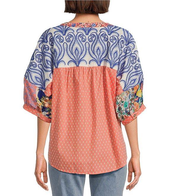 John Mark Clip Dot Embroidered Mix Print Dolman Sleeve Button Front Shirt Product Image