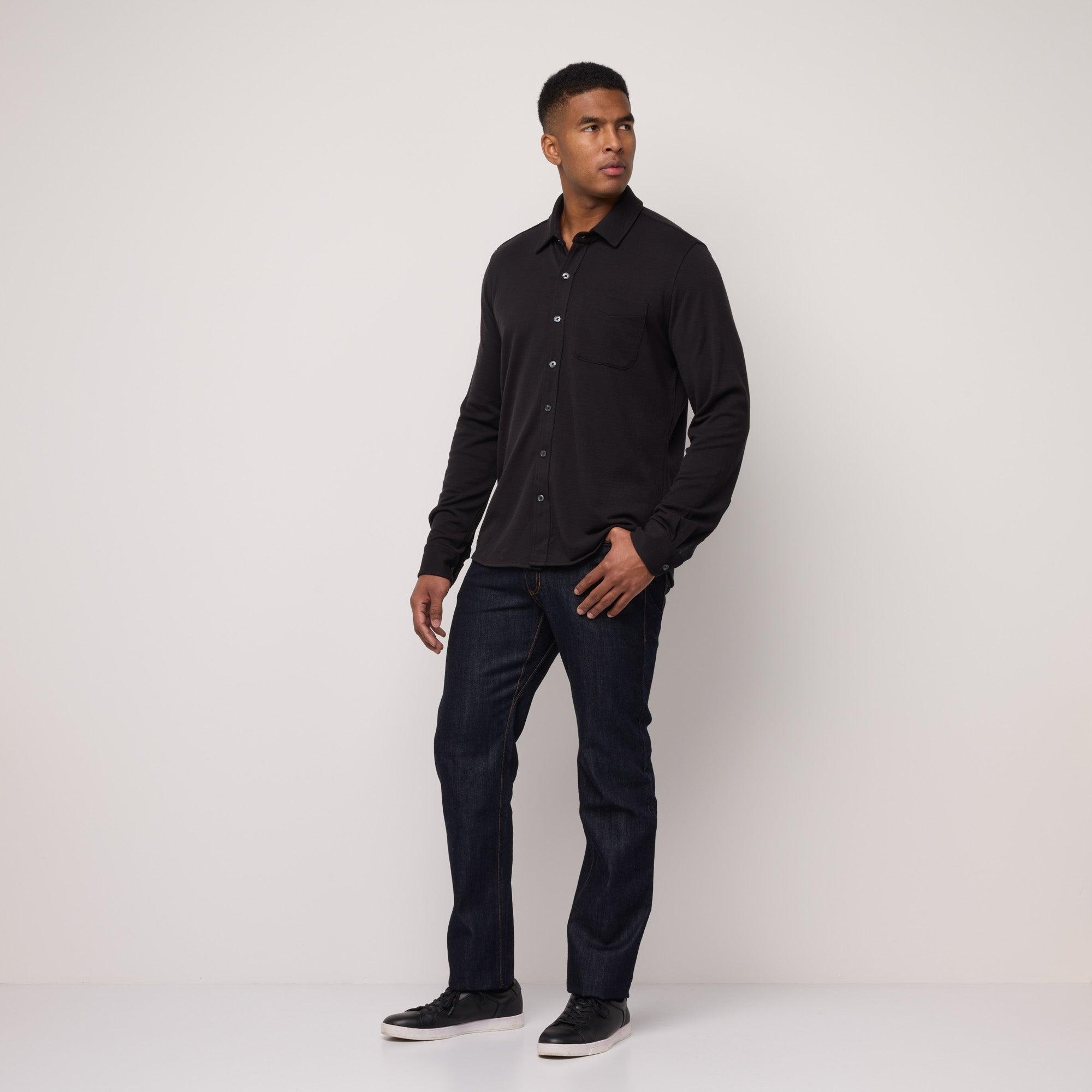 Merino Wool Pique Knit Button-down Shirt | Black Product Image