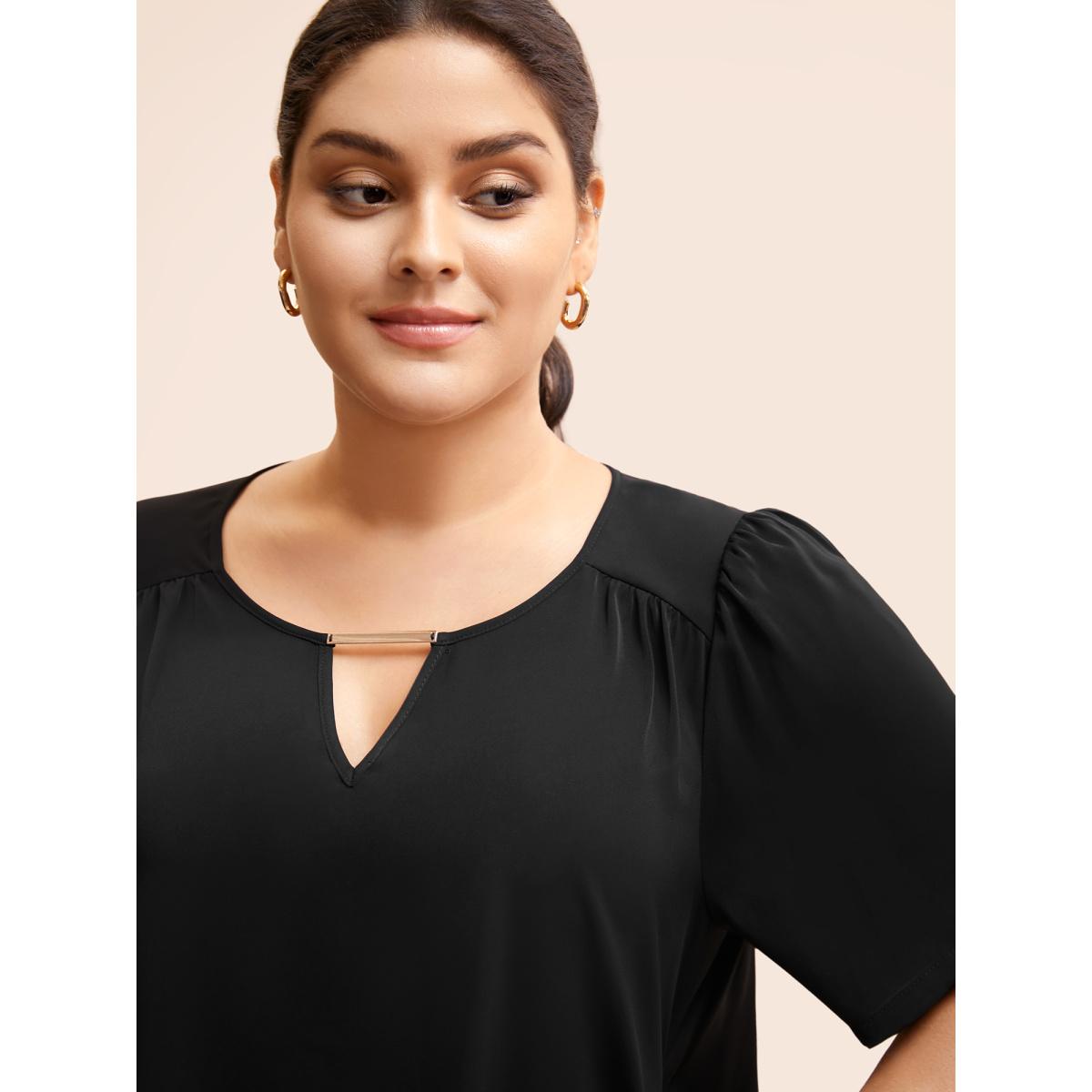 Plus Size Black Anti-Wrinkle Plain Metal Detail Keyhole Neck Blouse Women Office Short sleeve V-neck Work Blouses BloomChic 12/L Product Image