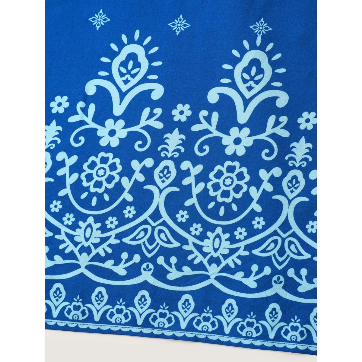 Plus Size Stretchy Waist Boho Print Midi Dress Skyblue Women Flat collar with V-notch Half Sleeve Curvy BloomChic 12/L Product Image