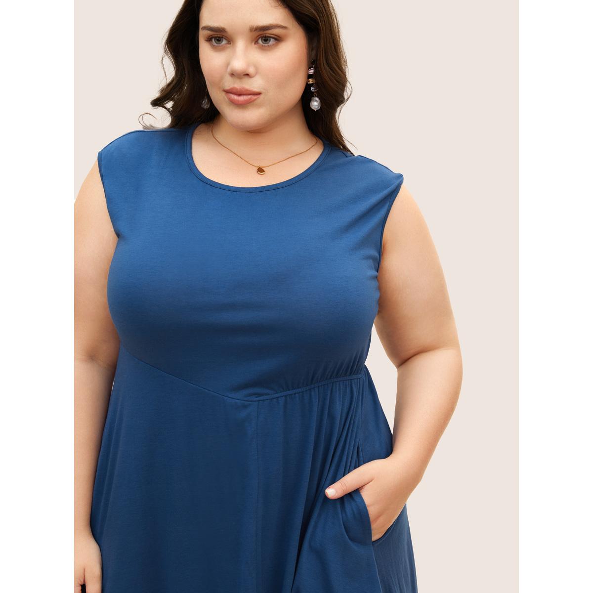 Plus Size Solid Crew Neck Asymmetrical Hem Dress Mediumblue Women Elegant Gathered Round Neck Cap Sleeve Curvy BloomChic 12/L Product Image