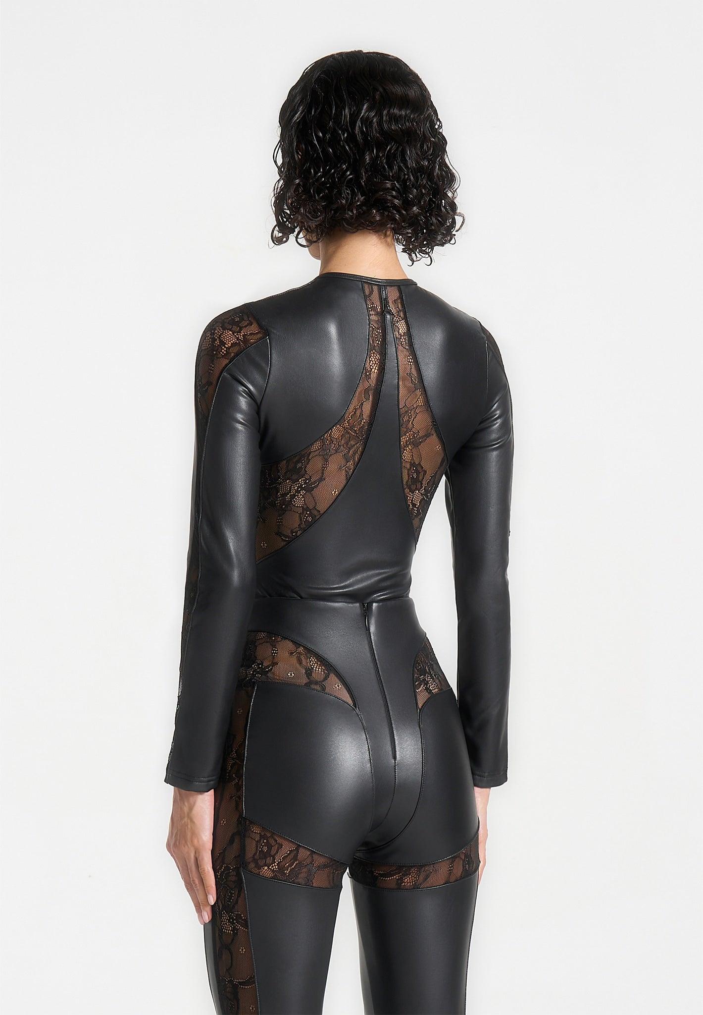 Leather and Lace Contour Bodysuit - Black Female Product Image