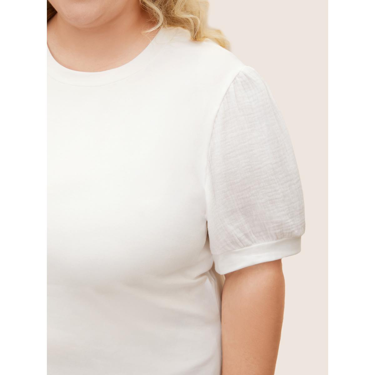 Plus Size Plain Textured Patchwork Lantern Sleeve T-Shirt WhiteSmoke Women Leisure Texture Round Neck Casual T-shirts BloomChic 14-16/1X Product Image