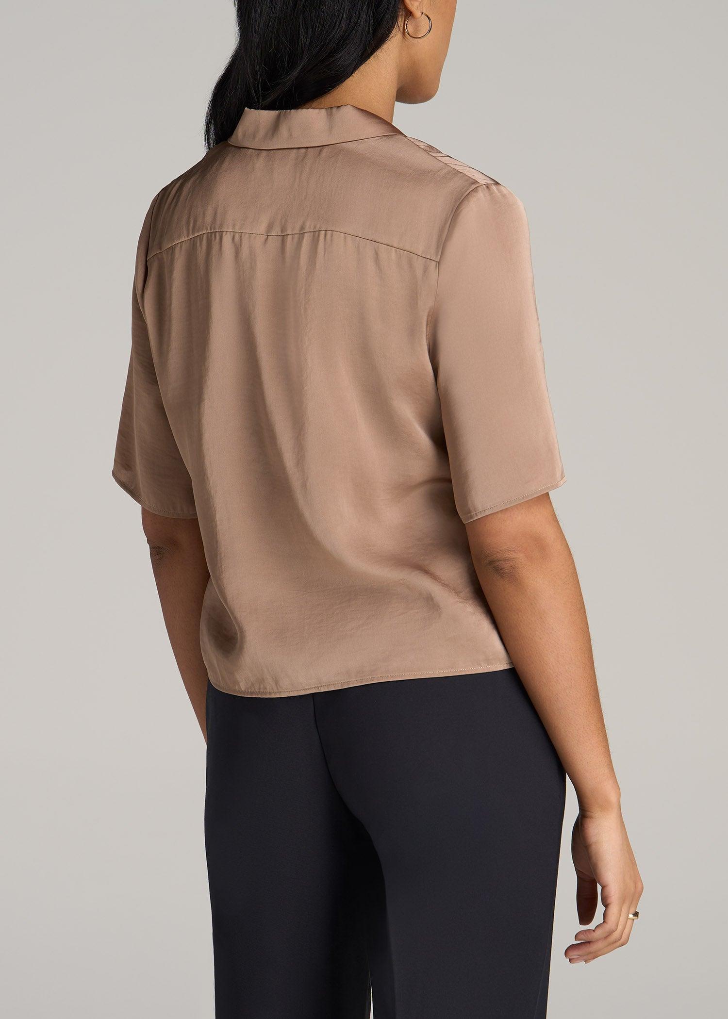 Notch Collar Satin Blouse for Tall Women in Black Female Product Image