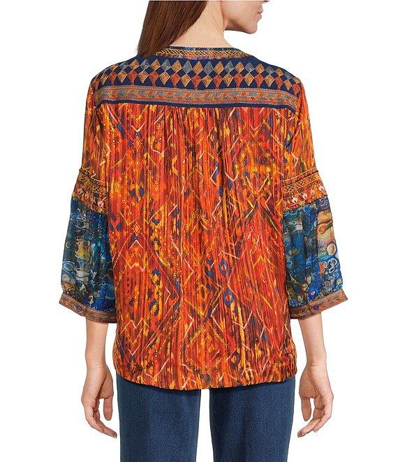 John Mark Geometric Boho Spice Marble Print Embroidered Tasseled Tie Split Neck 3/4 Sleeve Pheasant Blouse Product Image