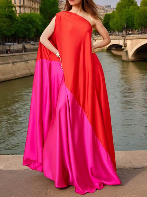 High Waisted Loose Asymmetric Contrast Color Split-Joint One-shoulder Maxi Dresses Product Image