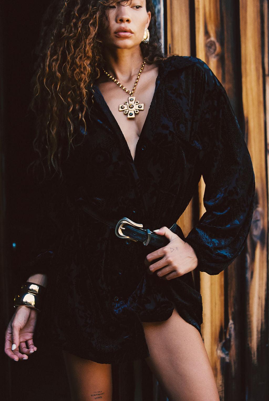 Loretta Black Velvet Burnout Mini Dress Product Image