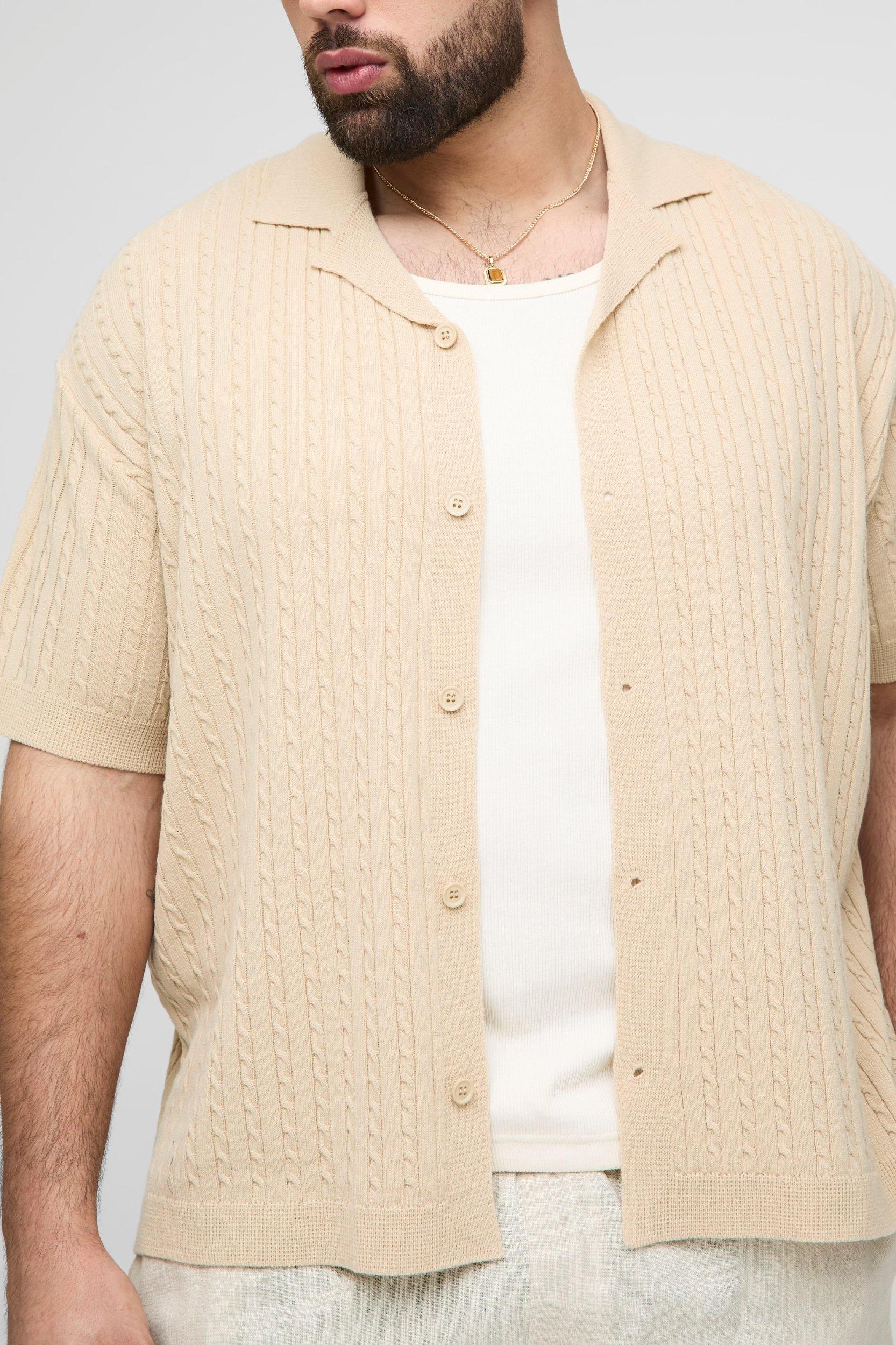 Plus Oversized Boxy Short Sleeve Revere Cable Knit Shirt | boohooMAN USA Product Image