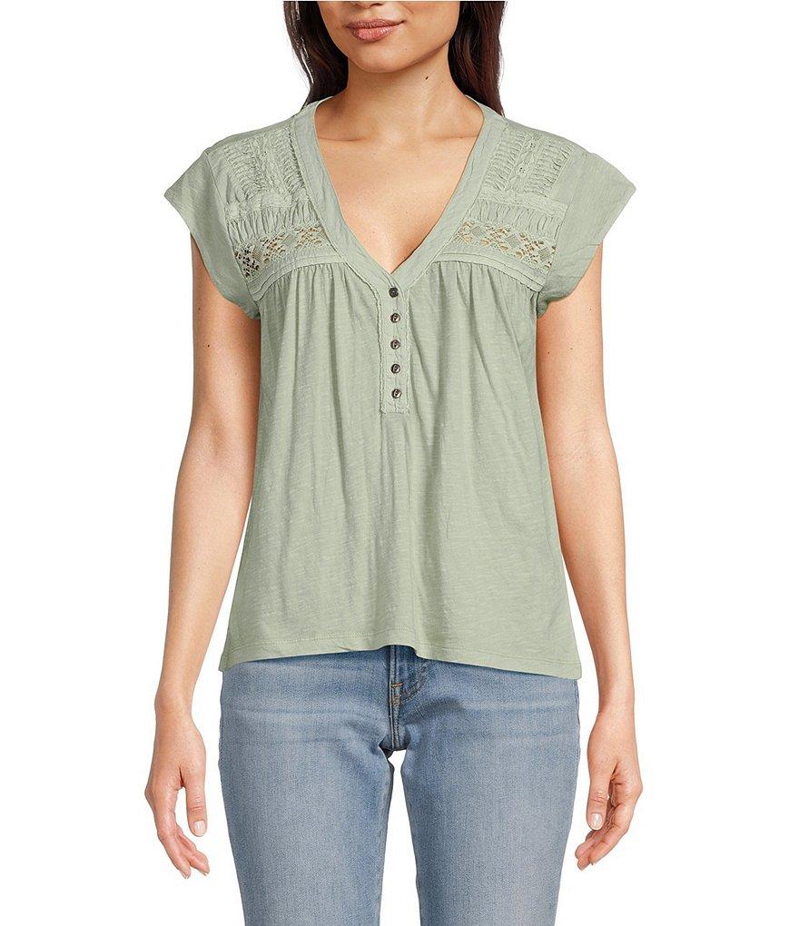 Lucky Brand Solid V-Neck Cap Sleeve Lace Trimmed Henley Tee Product Image