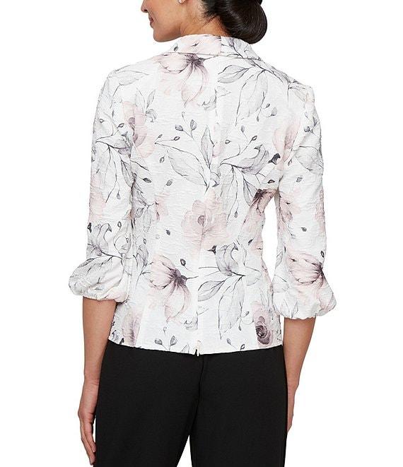 Alex Evenings Jacquard Collared V-Neck 3/4 Bubble Hem Sleeve Floral Blouse Product Image