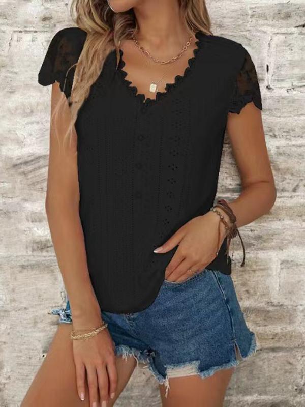 Loose Short Sleeves Buttoned Hollow Mesh Split-Joint V-Neck T-Shirts Tops Product Image