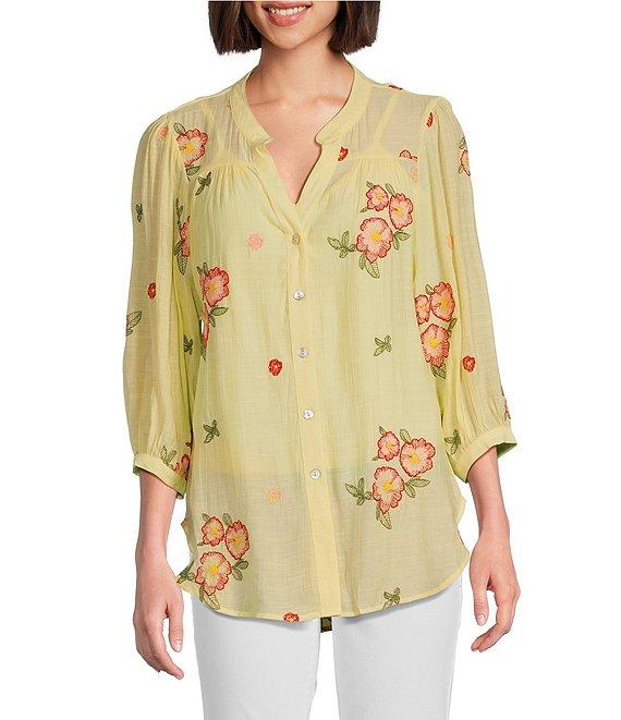 Figueroa & Flower Embroidered Floral Mandarin Collar 3/4 Sleeve Button-Front Blouse Product Image