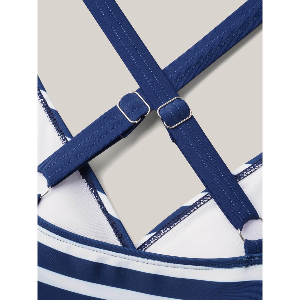 Plus Size Stripes and Solid Surplice One-Piece Swimsuit Women's Swimwear Indigo Beach Gathered Curve Bathing Suits High stretch One Pieces BloomChic 22-24/3X Product Image